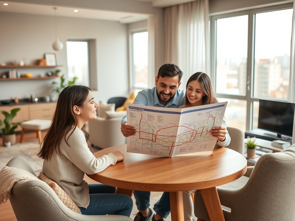 Трое людей изучают карту в уютной комнате, за столом рядом с окнами. Солнечный свет наполняет пространство.