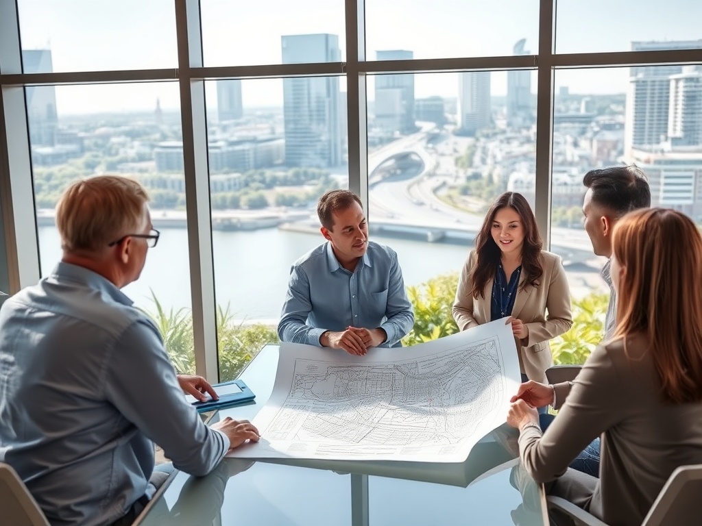 Группа людей обсуждает планы на фоне городского пейзажа, сидя за столом в офисе с огромными окнами.