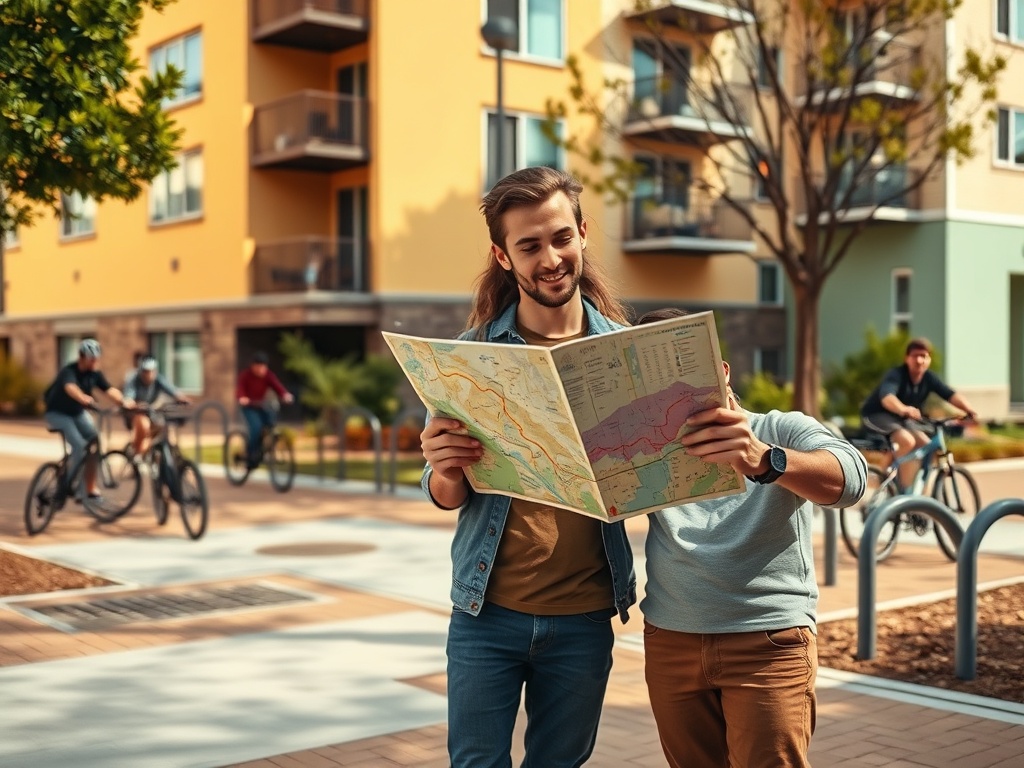 Два человека смотрят на карту на улице, позади них катаются на велосипедах. Солнечный день и современные здания.