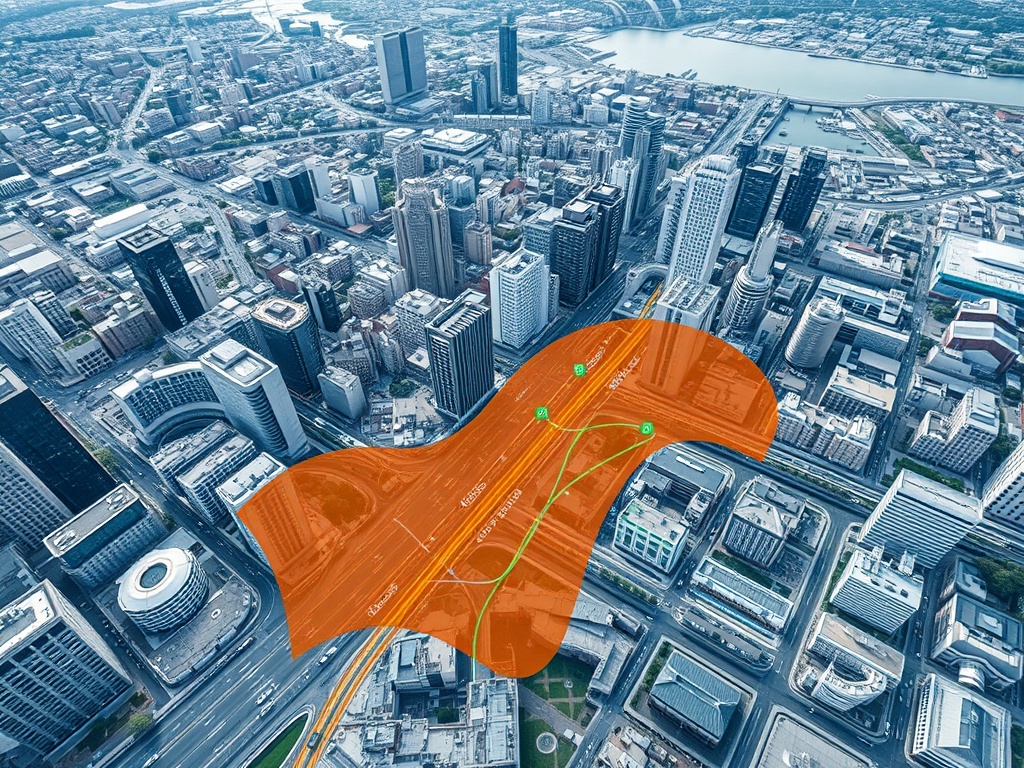 Аэрофотоснимок города с выделенной областью, показывающей дорожное движение и инфраструктуру.