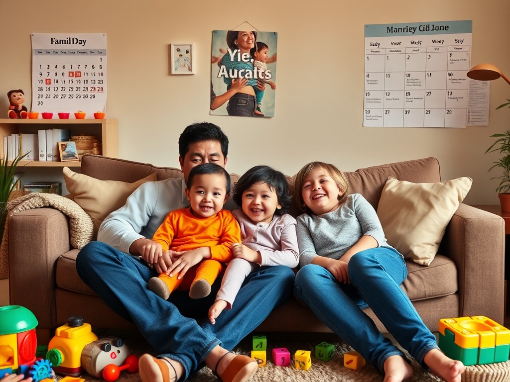 Счастливая семья: папа сидит на диване с тремя детьми, окружёнными игрушками и весельем в уютной комнате.