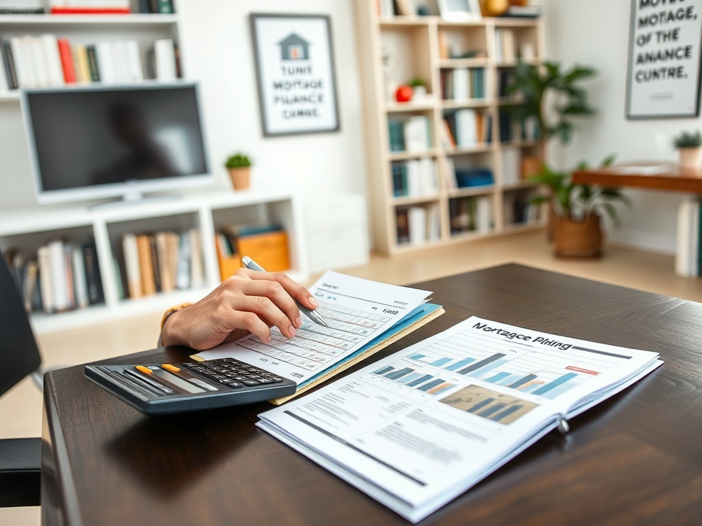 На столе документы по ипотечному кредитованию, калькулятор и заметки, в фоне книжные полки.