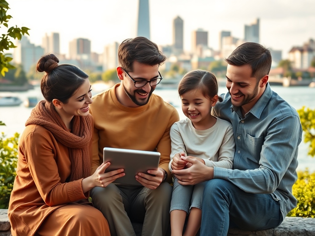 Семья наслаждается временем вместе на свежем воздухе, смотря на планшет с улыбками на лицах.