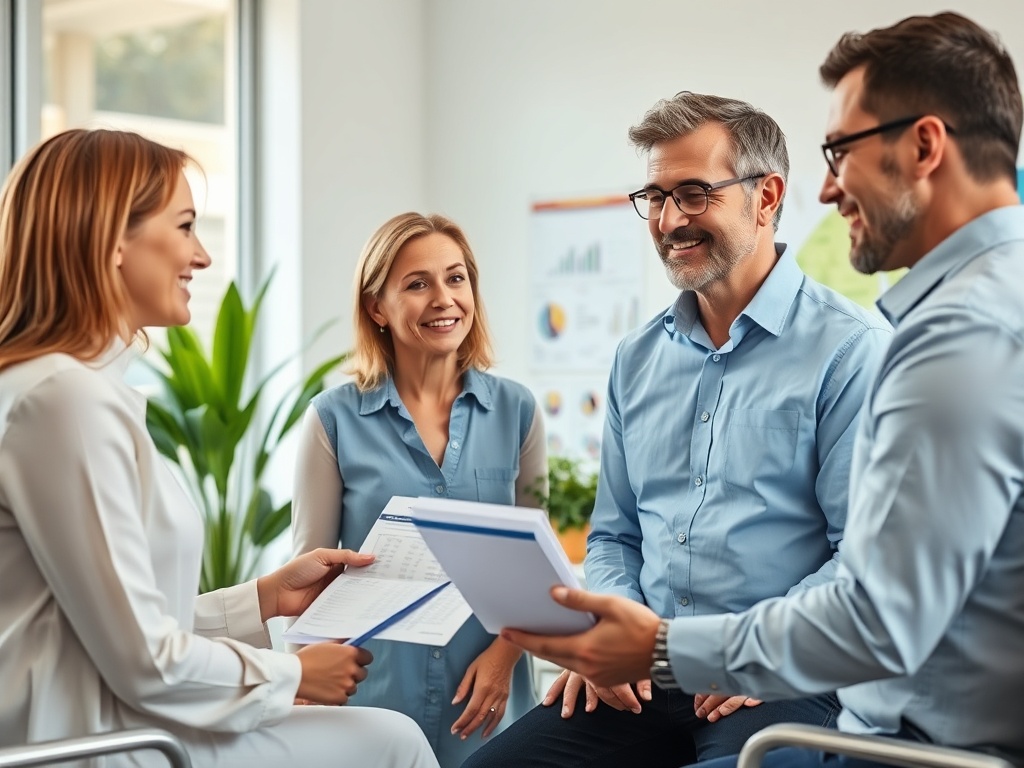 Четыре человека общаются в офисе, обсуждая документы и делая заметки в непринужденной обстановке.