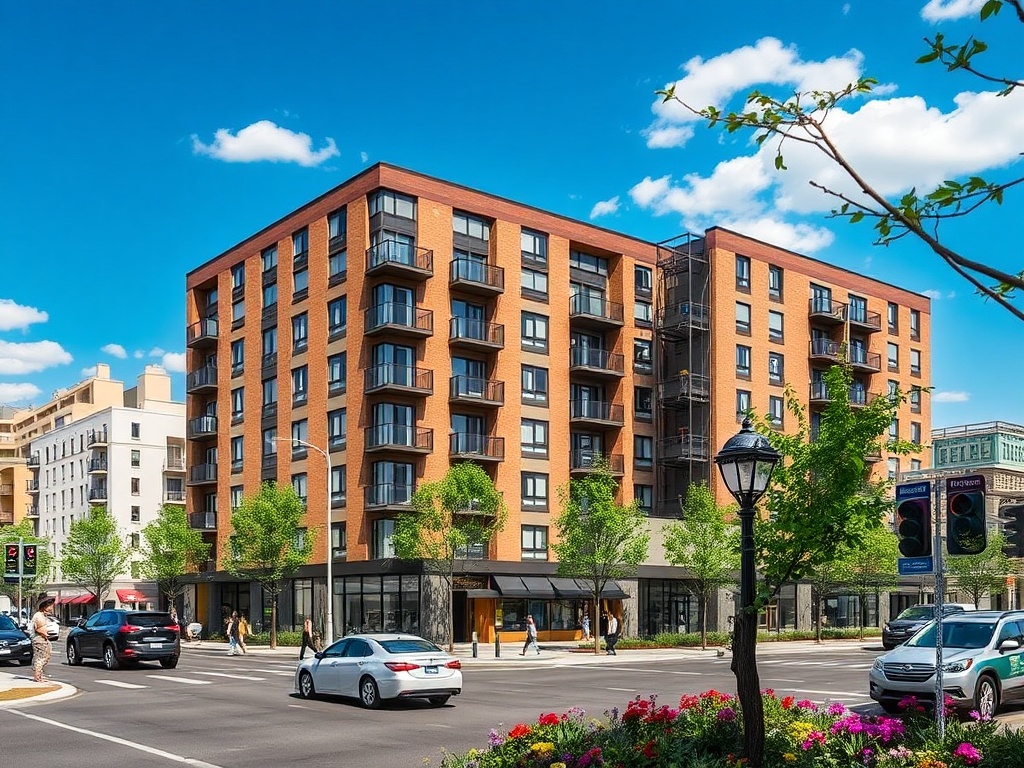 Современное жилое здание на улице, рядом с зелеными деревьями и цветами, солнечное небо.