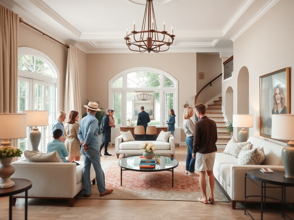 Гости в светлой гостиной обсуждают детали, стоя рядом с окнами и уютной мебелью.
