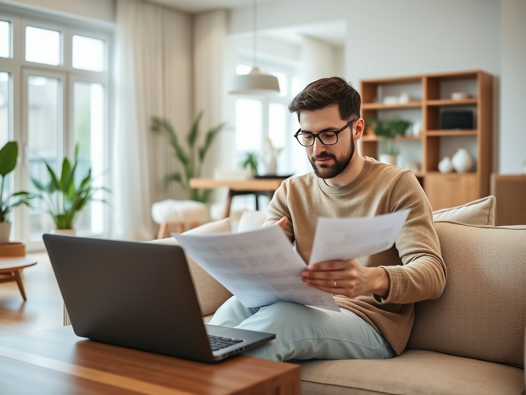 Мужчина читает документы, сидя на диване с ноутбуком в светлой комнате с растениями.