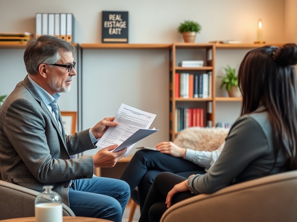 На встрече два человека обсуждают документы, один из них держит бумаги и объясняет информацию.