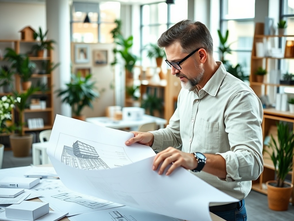 Мужчина в очках изучает архитектурные чертежи в светлом офисе с зелеными растениями и книгами.